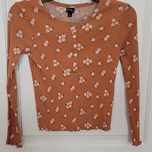 Floral Button-Up Ribbed Top - Brown